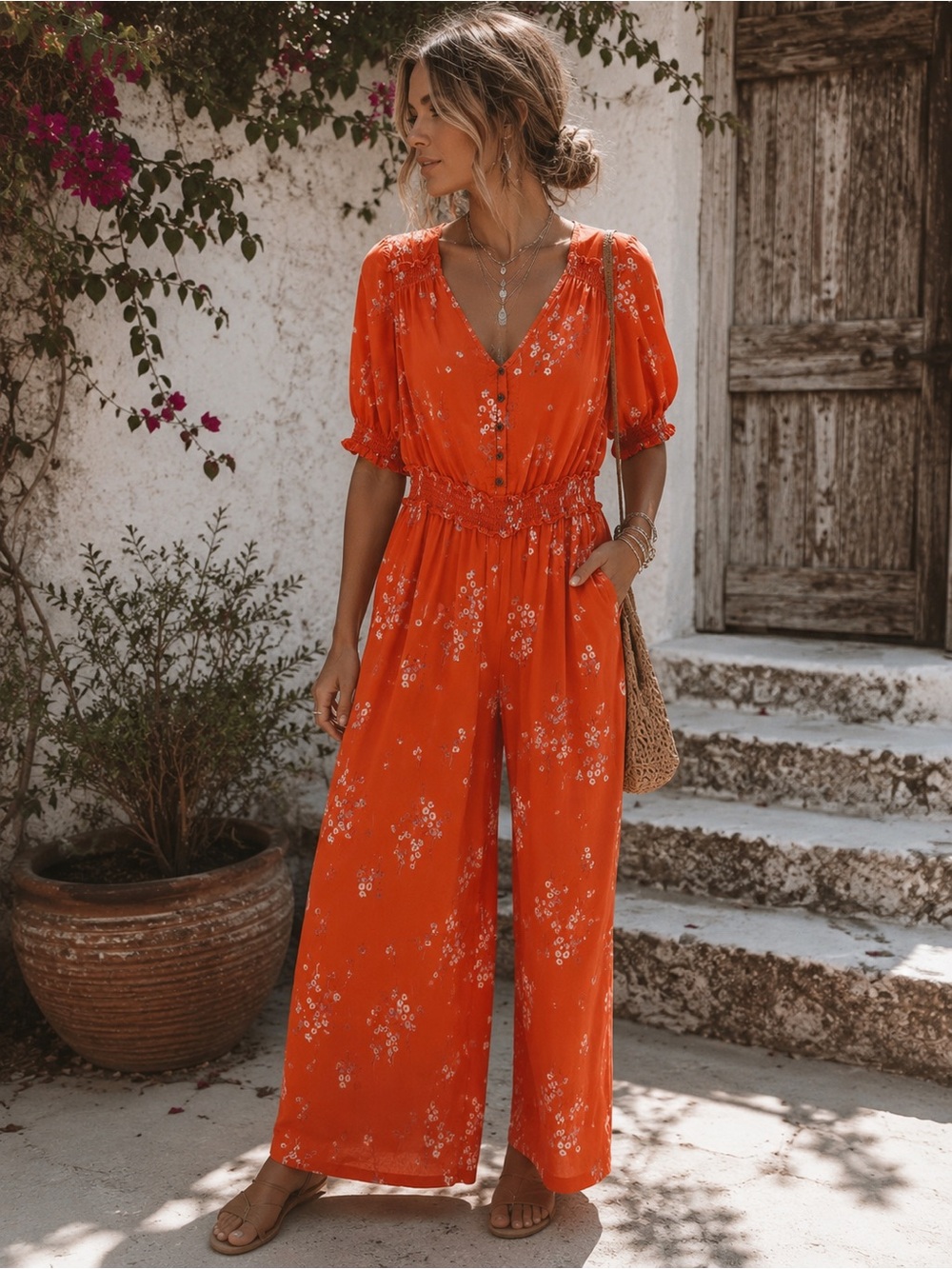 a.n.a Coral Orange Floral Wide Leg Jumpsuit Smocked Waist Boho